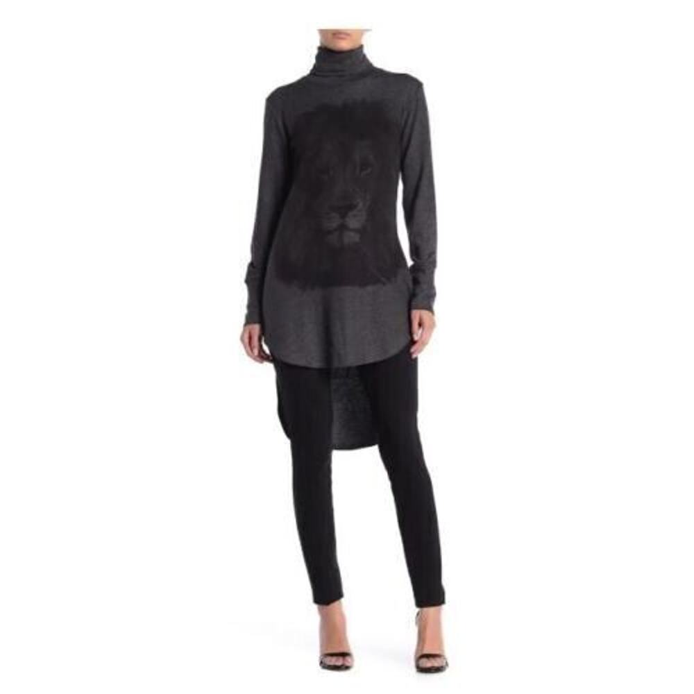 Go Couture Turtleneck High/Low Hem Tunic Sweater Charcoal Lion Mane Medium $140